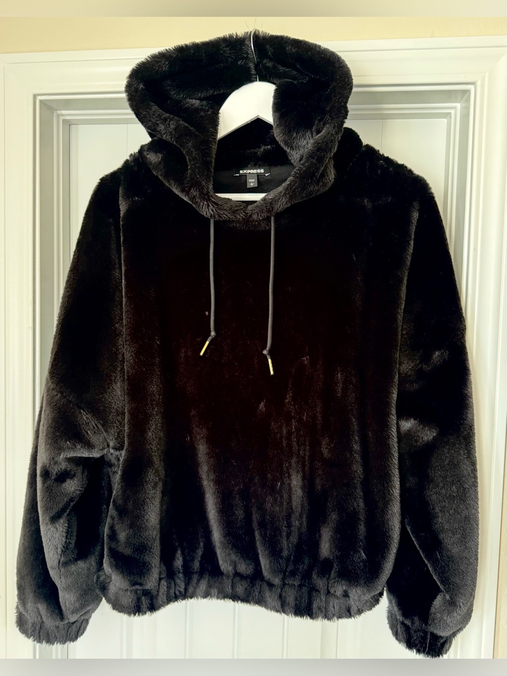Express Women’s Black Faux Fur Hooded Pullover Sweater
